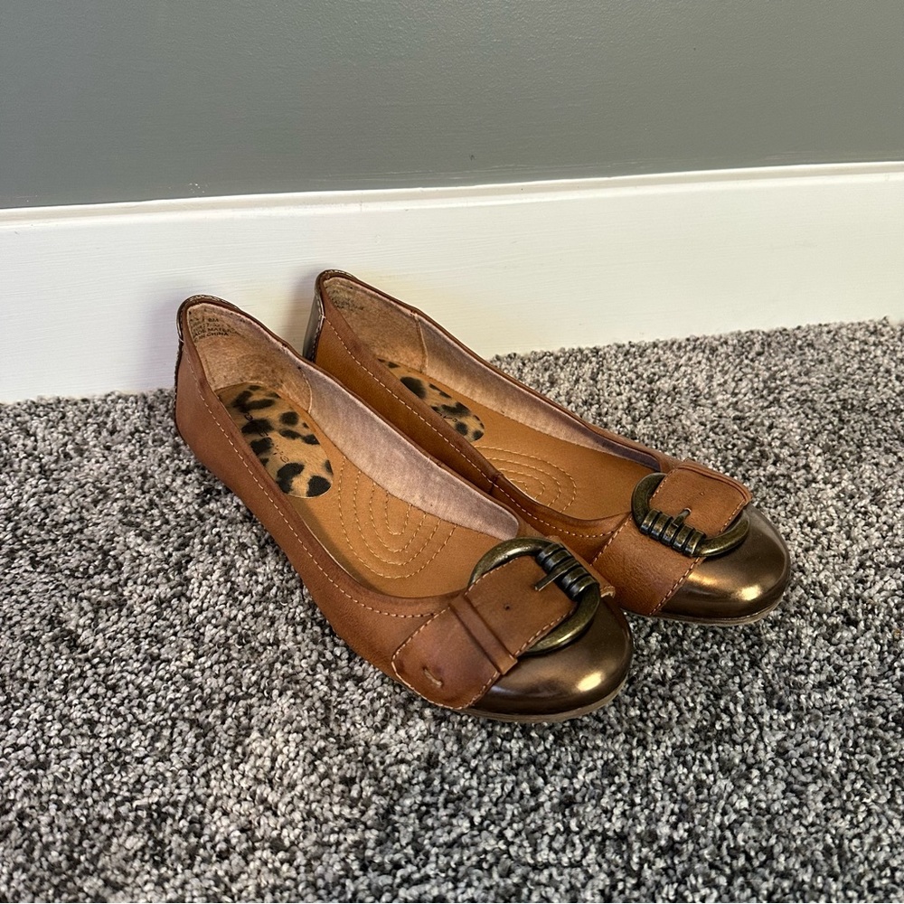 Faux Leather Metalic Flats Tan